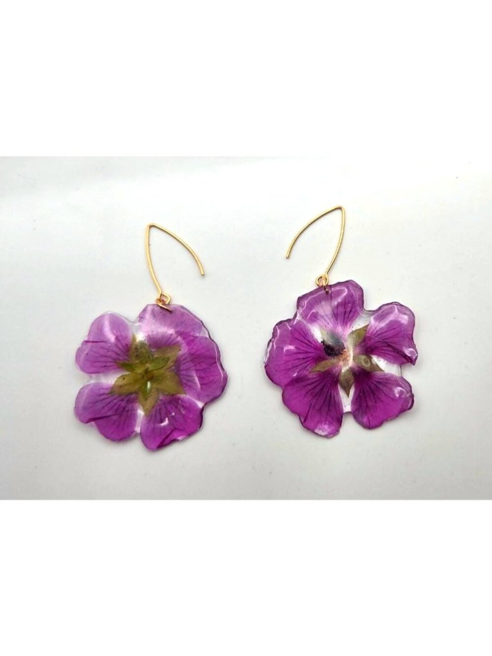 Pressed Purple Flower Resin Drop Earrings With Gold Tone Hooks